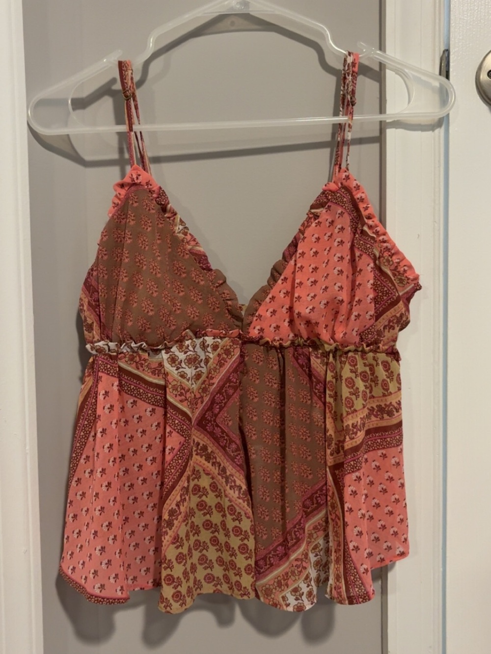Free People Patchwork Coral and Brown Spaghetti Cami